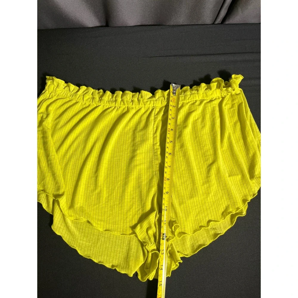 Anthropologie Lime Green Ribbed Ruffle Lounge Pajama Set Top Shorts M